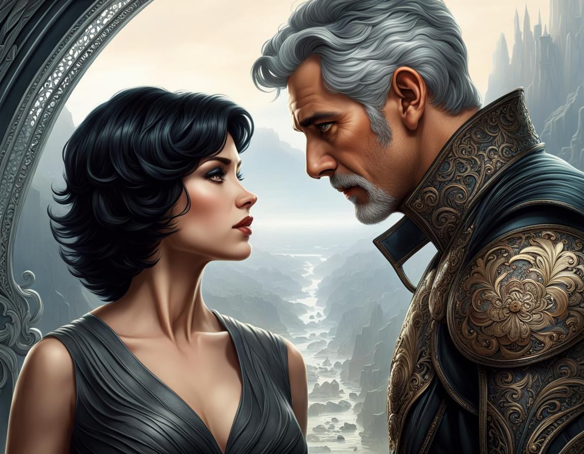 Sad Woman Remembering a Gray-Haired Man: Digital Art