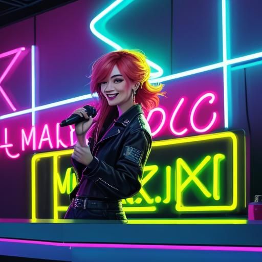 Enthusiastic Karaoke Singer in Neon-Lit Concept Art