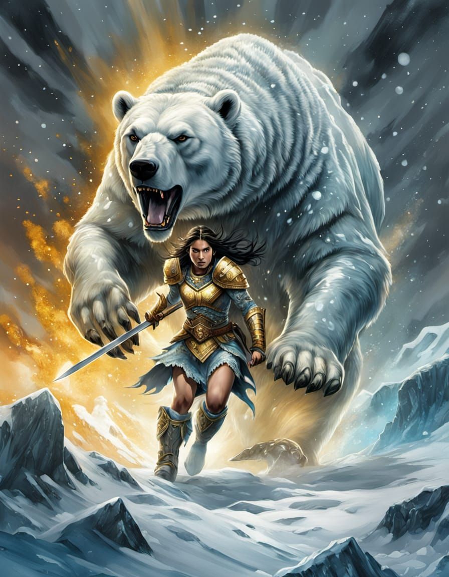 Warrior Woman Rides Polar Bear Through Black Snow