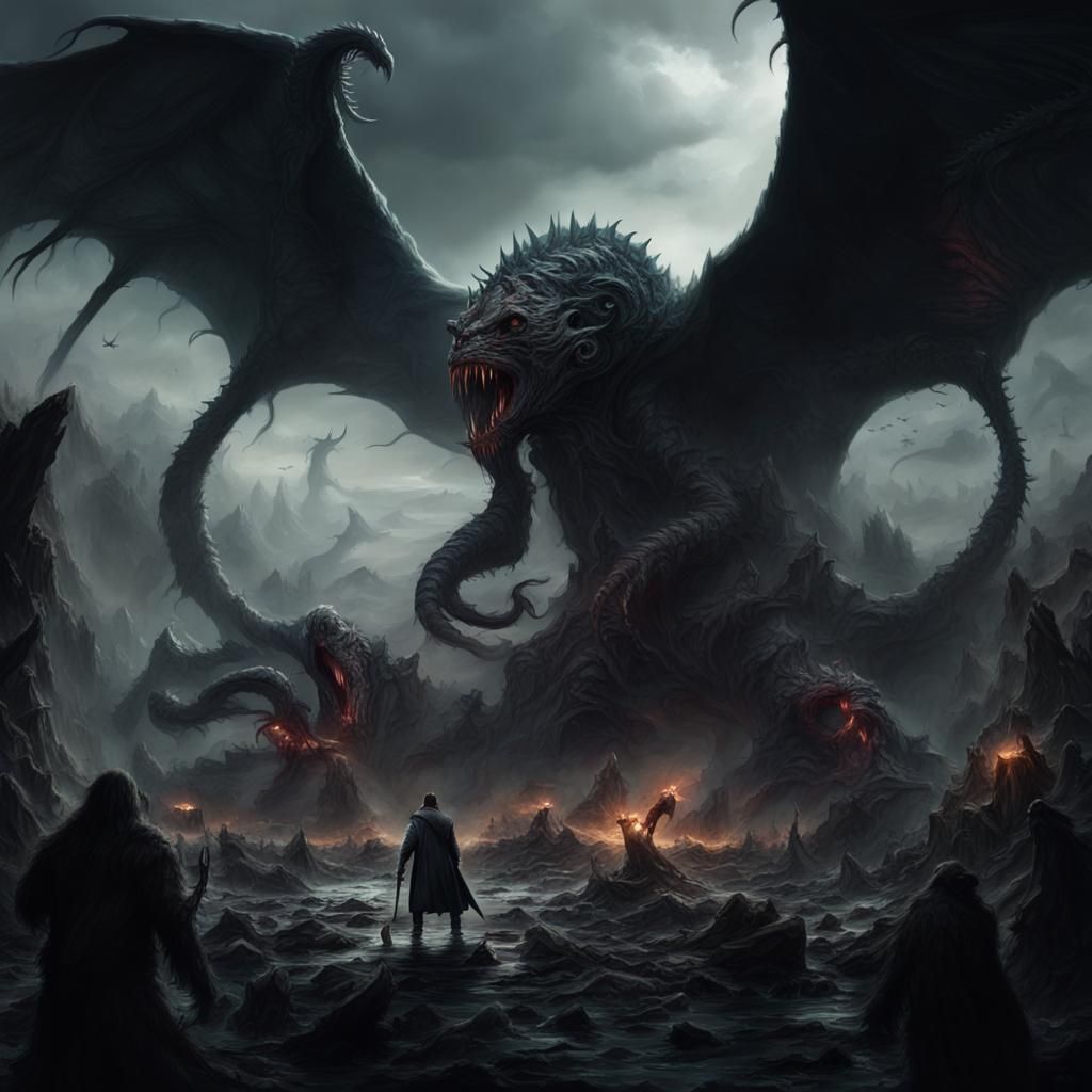 Heroic Fight Against Cthulhu in Dark Fantasy Style