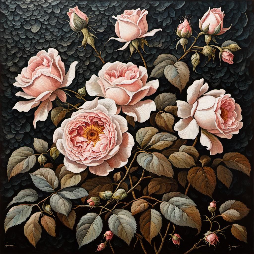 Botanical Print of Blush Roses in Oil Painting Style