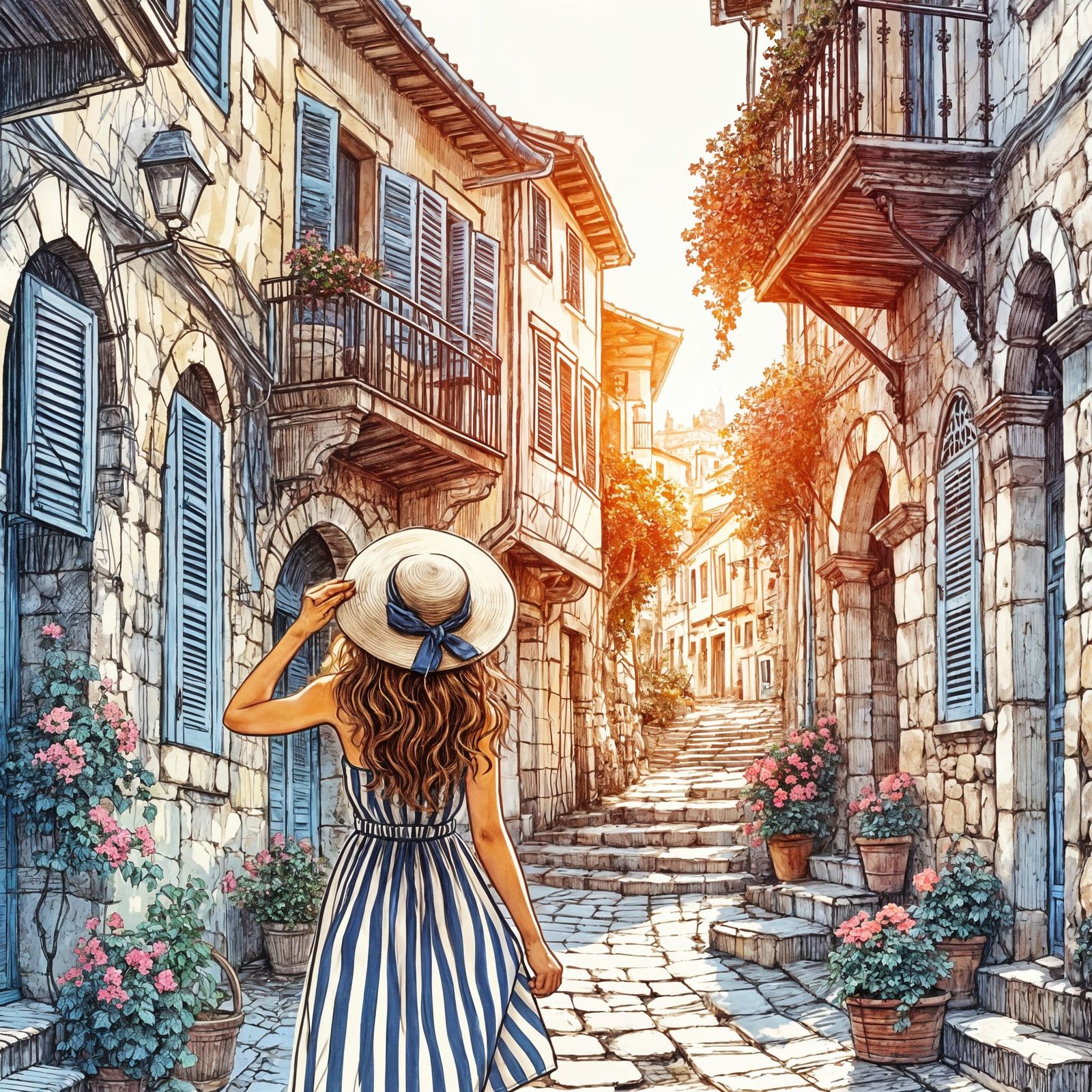 Mediterranean Village Street Scene in Comic Style