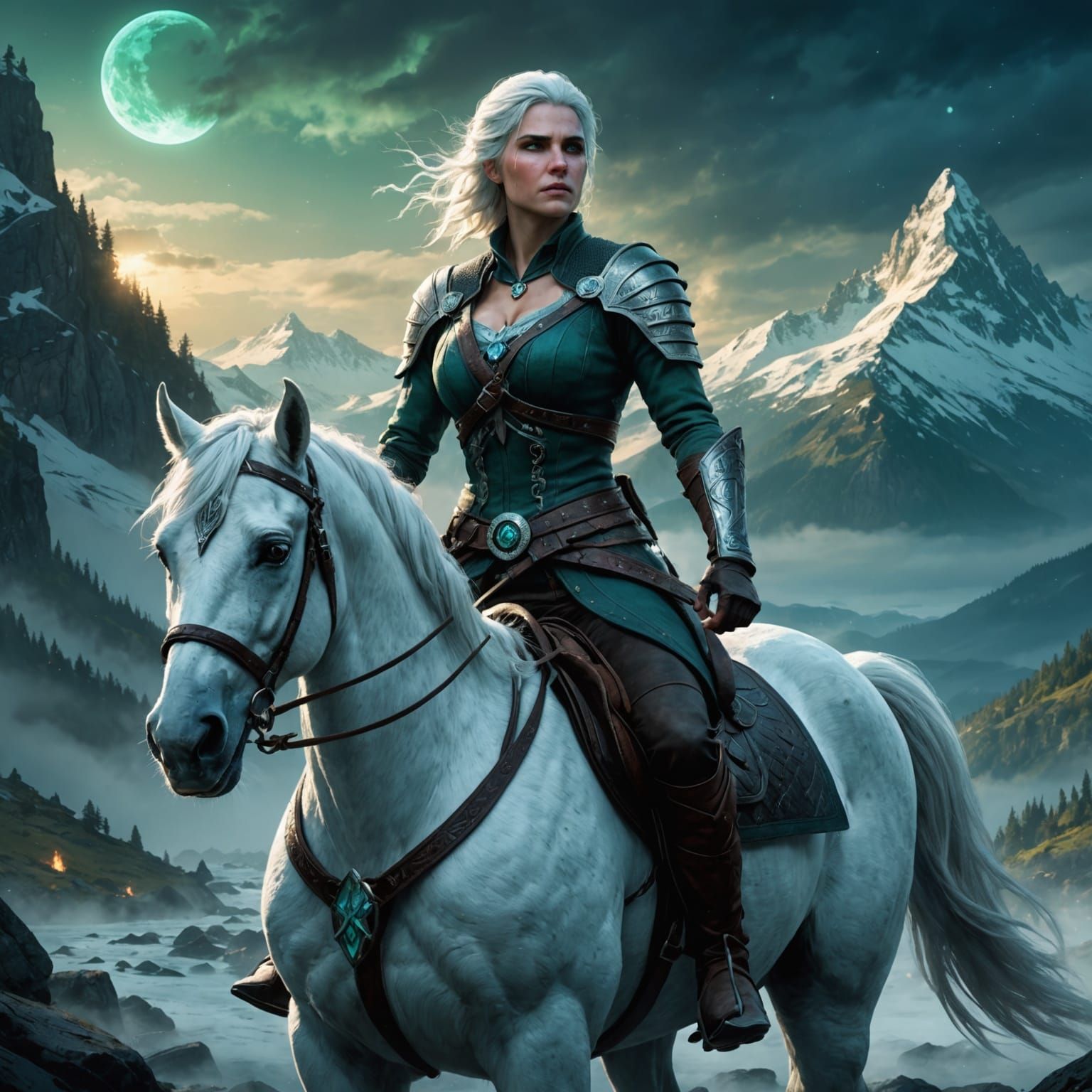 Cirilla the Sorceress on White Horse in Epic Fantasy