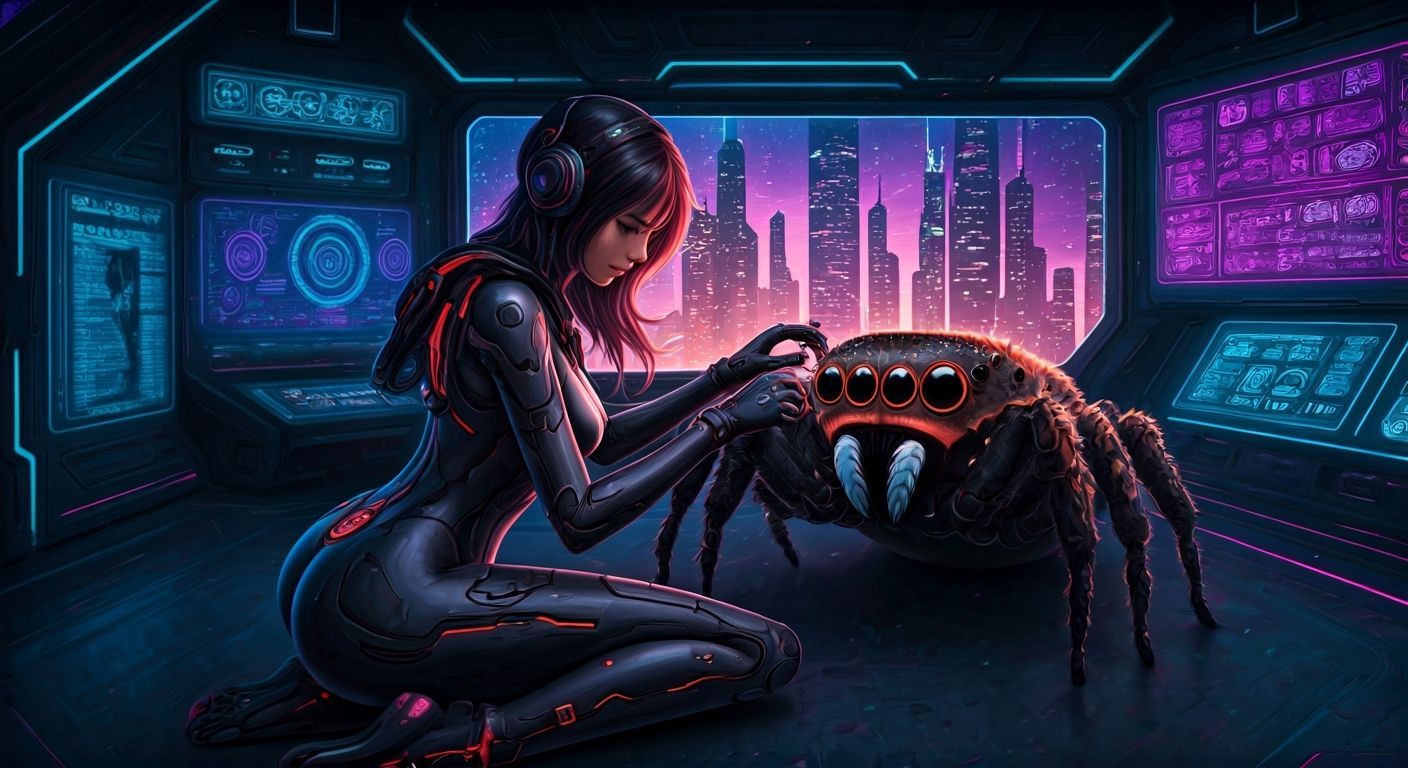 Women Interact with Pet Spider in Futuristic Cyberpunk City