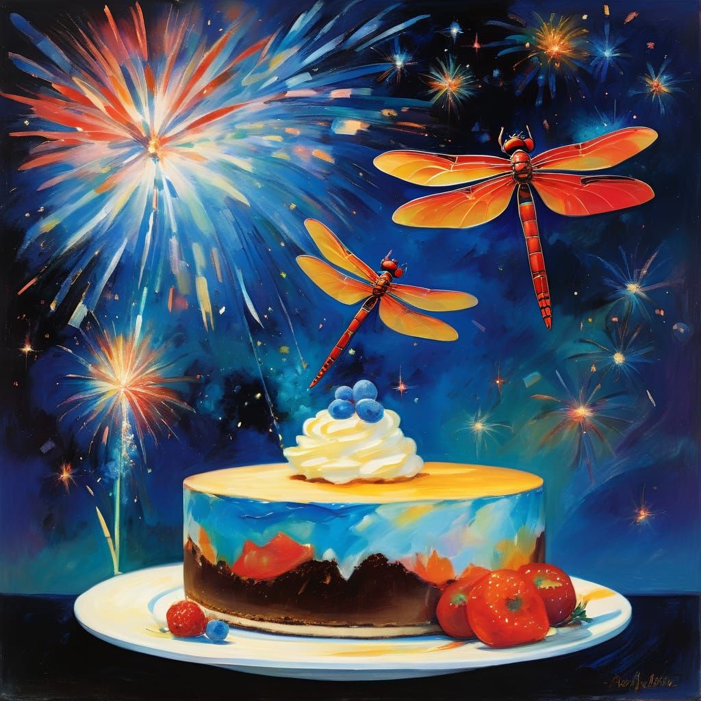 Dragonfly on Spaceship Amidst Blue Fireworks