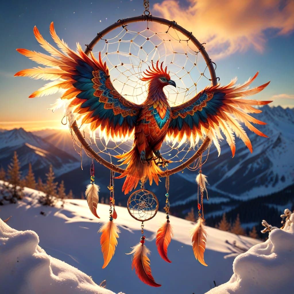 Dream catcher in a form of Phoenix with open wings.
