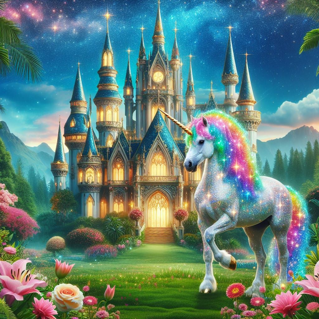 Magical Unicorn in Front of Fairy-Tale Castle