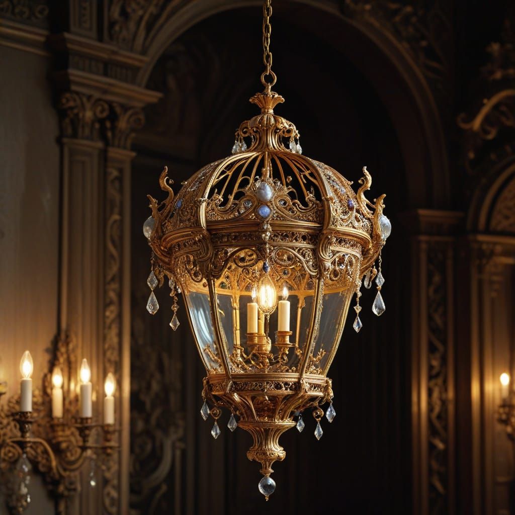 Neo-Baroque Birdcage on Gold Stand with Light Bulb