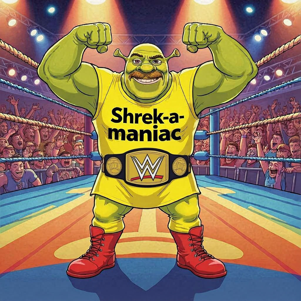 Muscular Shrek as Hulk Hogan in Wrestling Ring