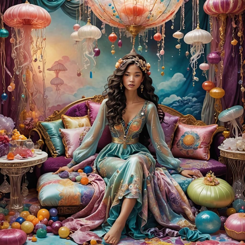 Whimsical Odalisque in a Surreal Fantasy Landscape