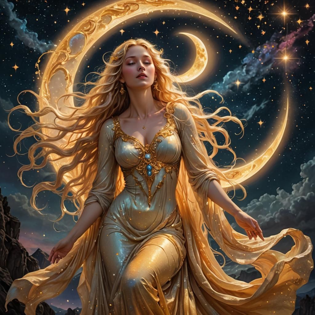 Ethereal Woman on Moon with Flowing Golden Hair