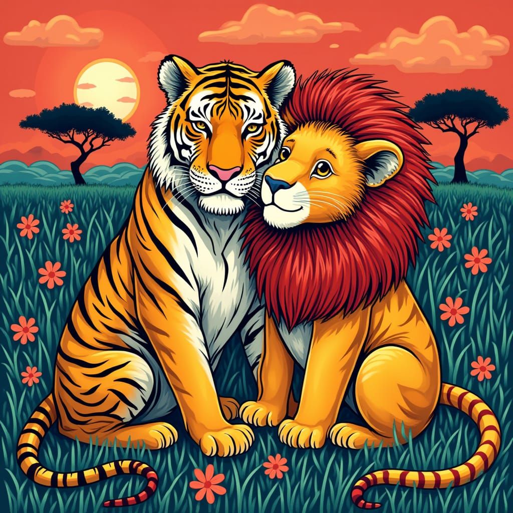 Tiger and Lion Embrace in Vibrant Savannah