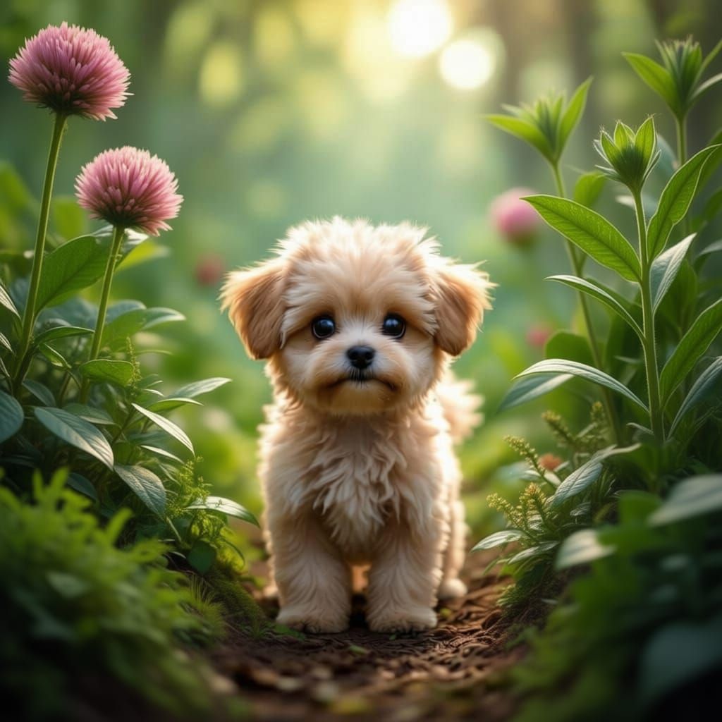 Cute Dog in Giant Forest with Exotic Plants