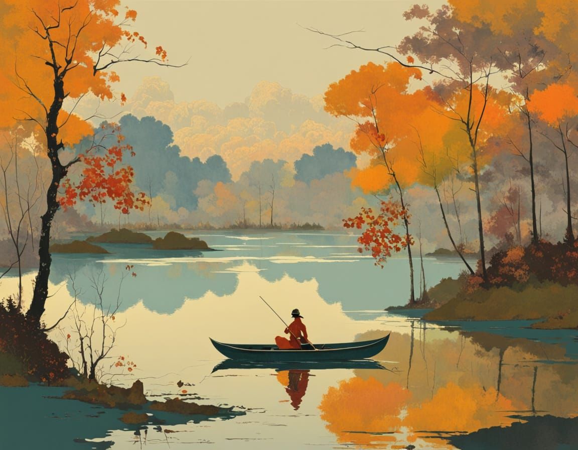 Autumnal Pond Scene in Impressionist Style