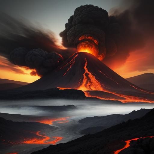 Volcanic Eruption in Romantic Style Landscape
