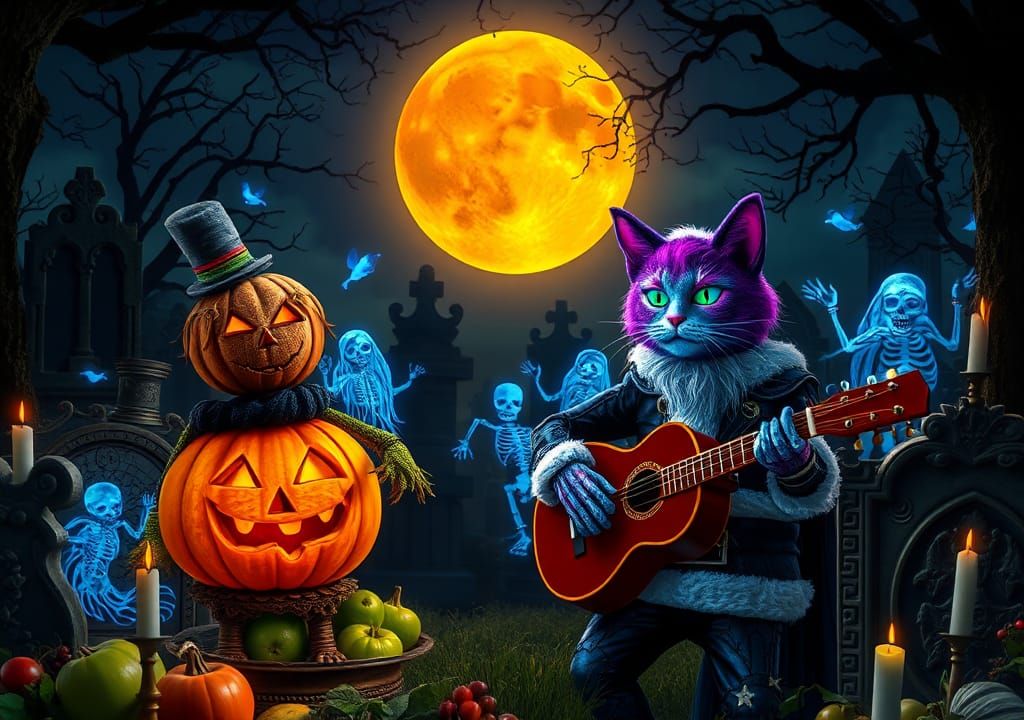 Whimsical Cemetery Scene with Guitar-Playing Cat
