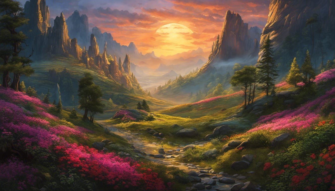Spectacular Mountain Landscape Painting at Sunrise