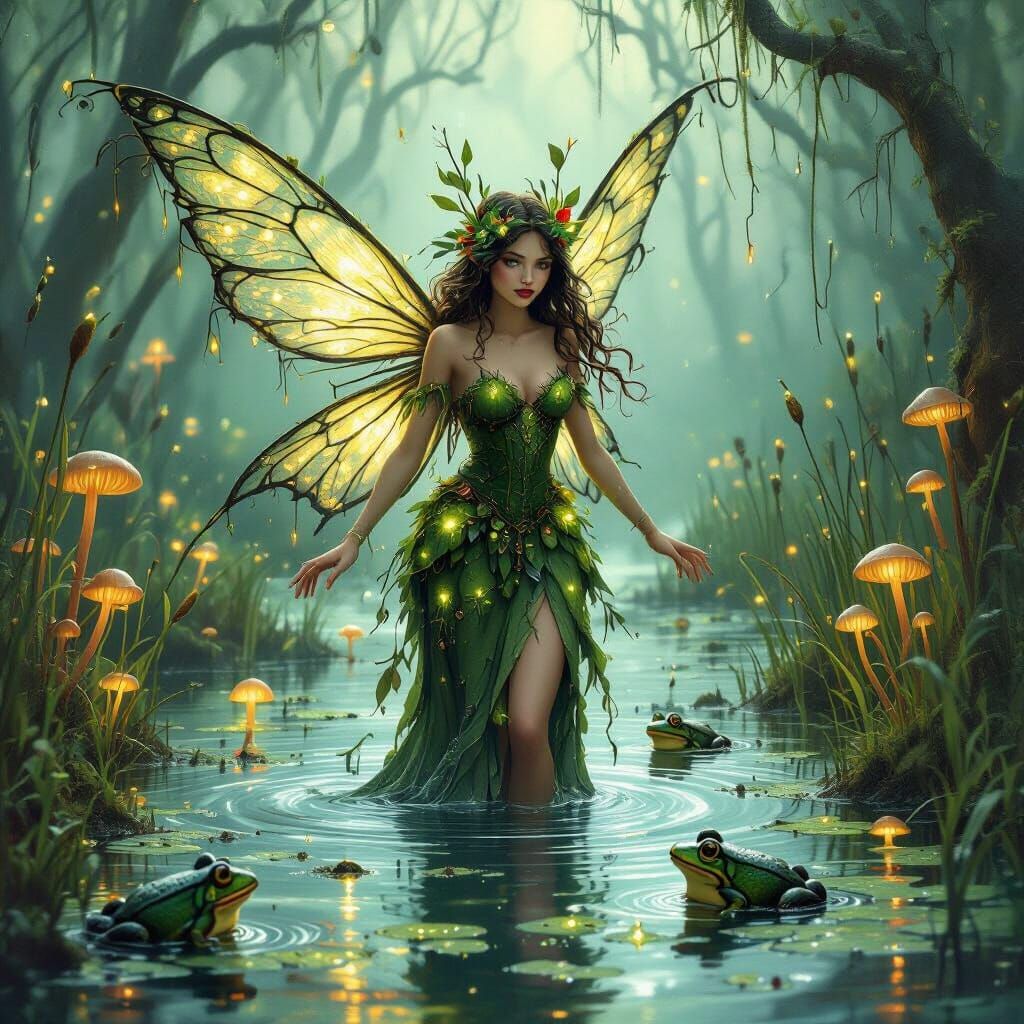 Swamp Fairy Emerges from Murky Bog, Arthur Rackham Style