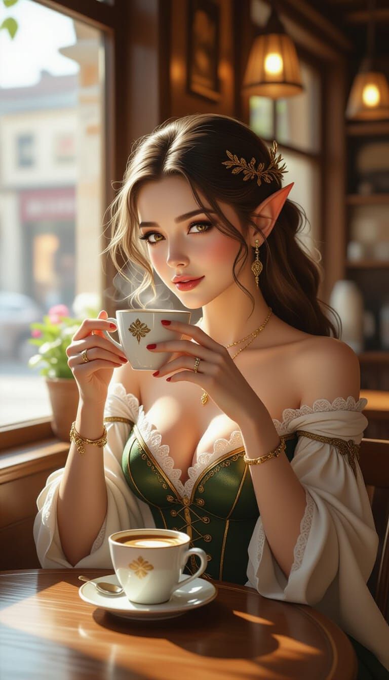 Elegant Elf Woman Sipping Coffee: Photorealistic Digital Art