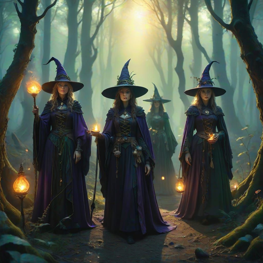 Fantasy Witches in Mystical Forest, Elaborate Robes, 8k Reso...