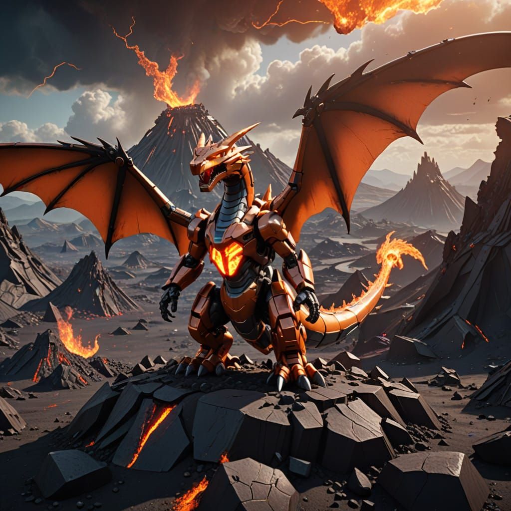 Cyberpunk Robot Charizard Descends Upon a Futuristic Volcano