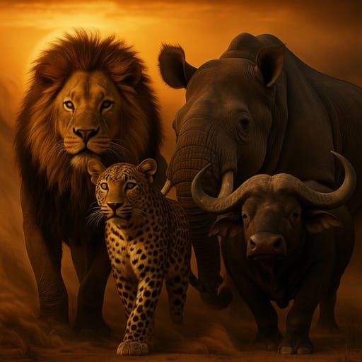 African Big Five Animals Portrait in Golden Light
