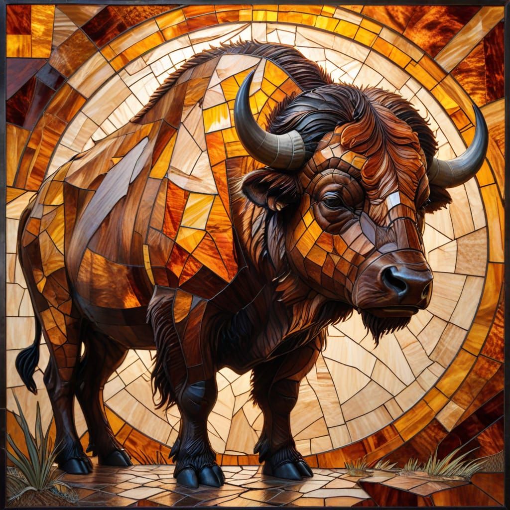Glass African Buffalo in Amber Mosaic Style