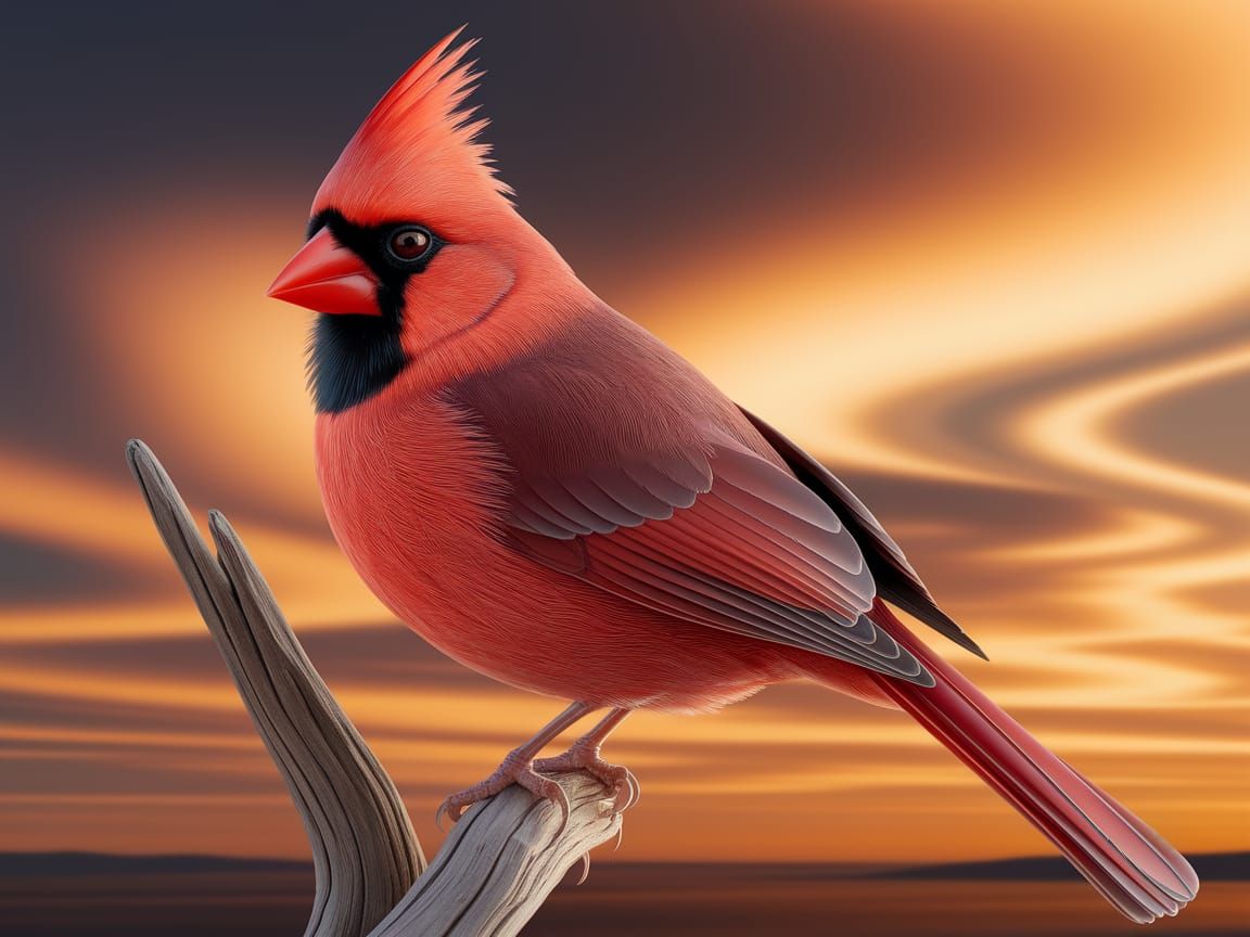 Realistic Male Cardinal in Sunset Perch