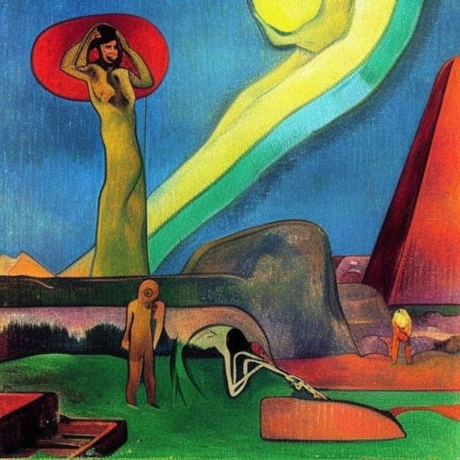 Abstract Rainbow Sky with Grasshopper, Gauguin Style