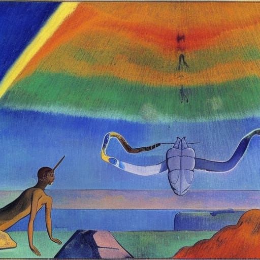 Surreal Rainbow Sky with Grasshopper Skeleton