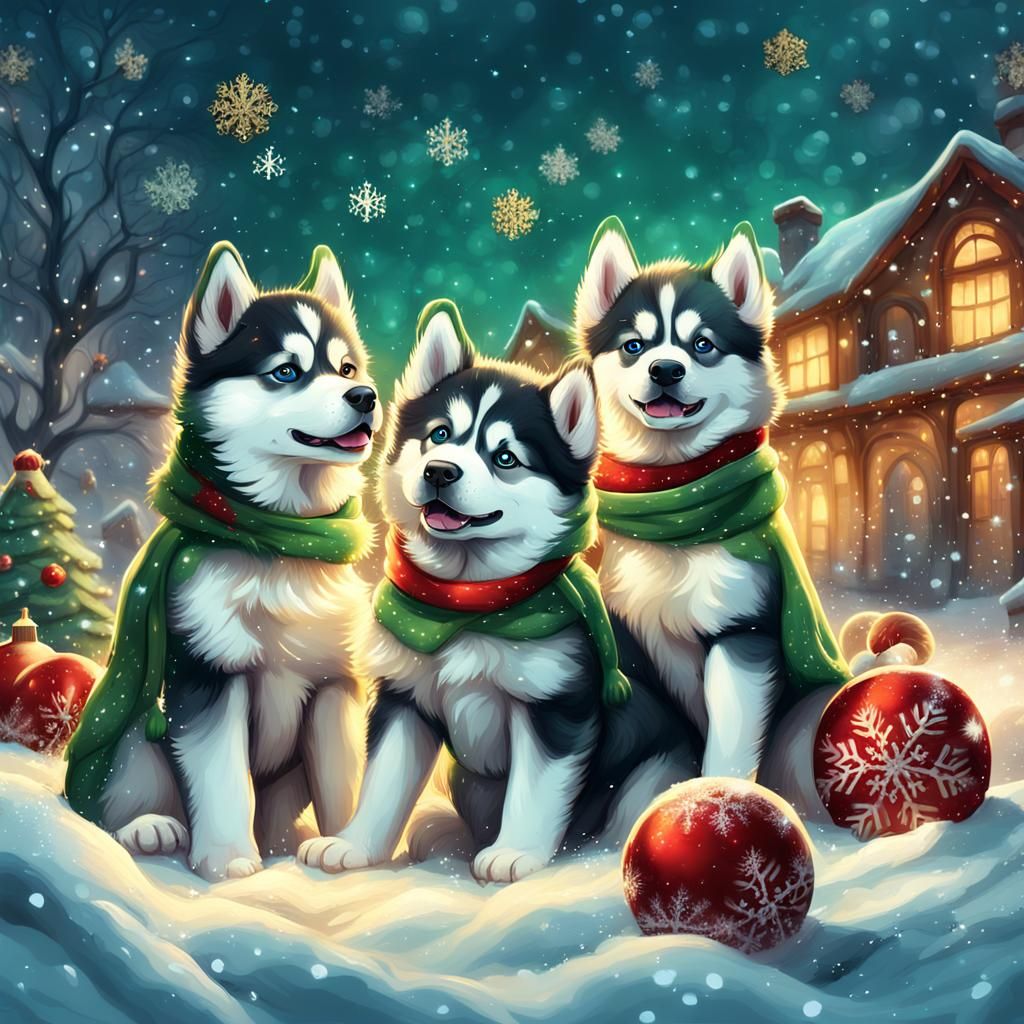 Cute Husky Puppies Play in Christmas Wonderland