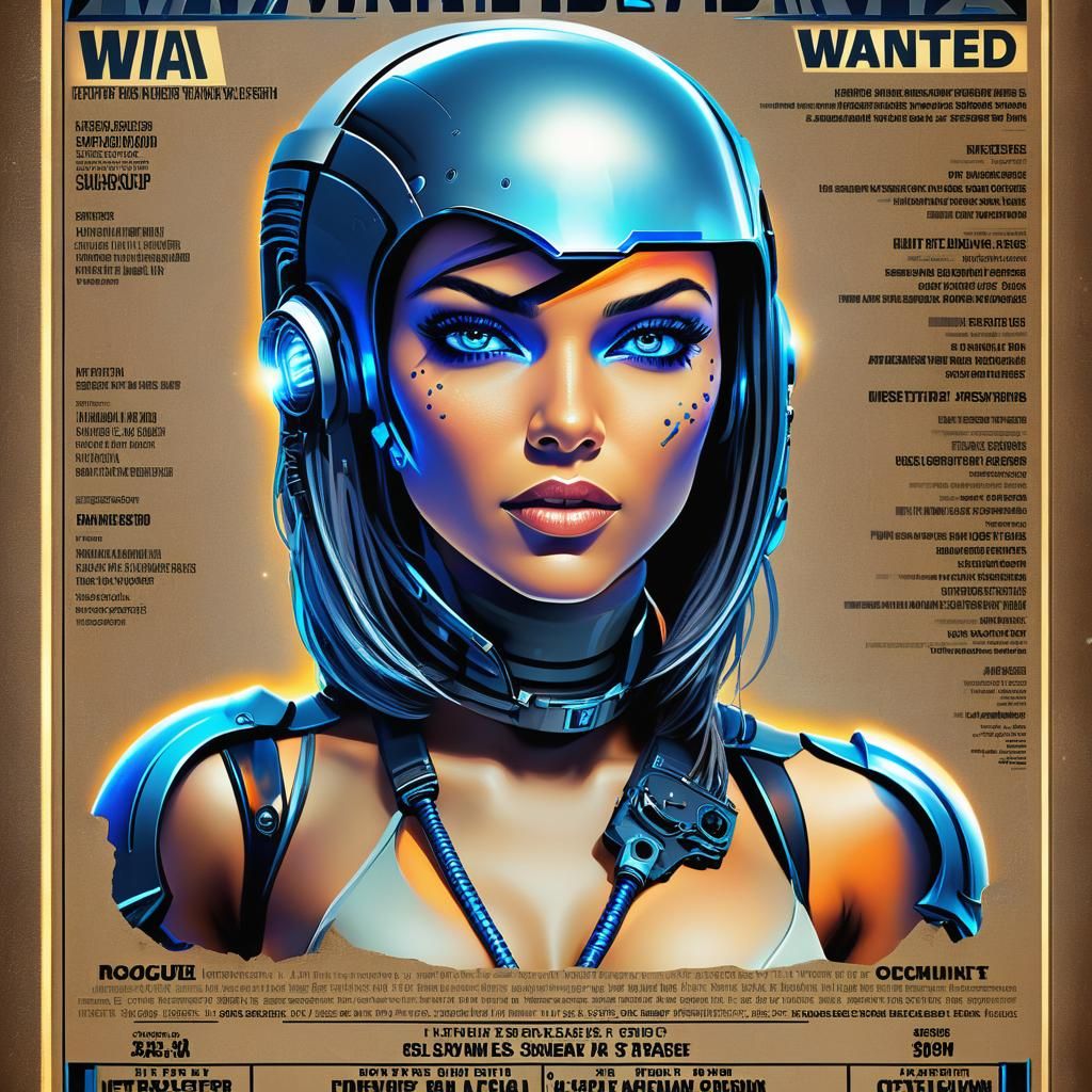 Futuristic Wanted Poster: Female Cyborg Space Pirate