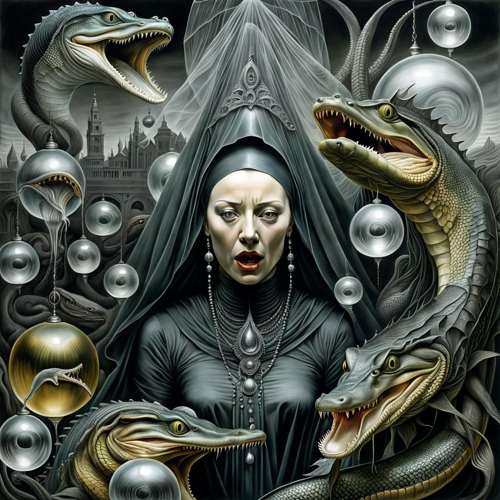 Surreal Pencil Drawing of Weeping Woman with Eel