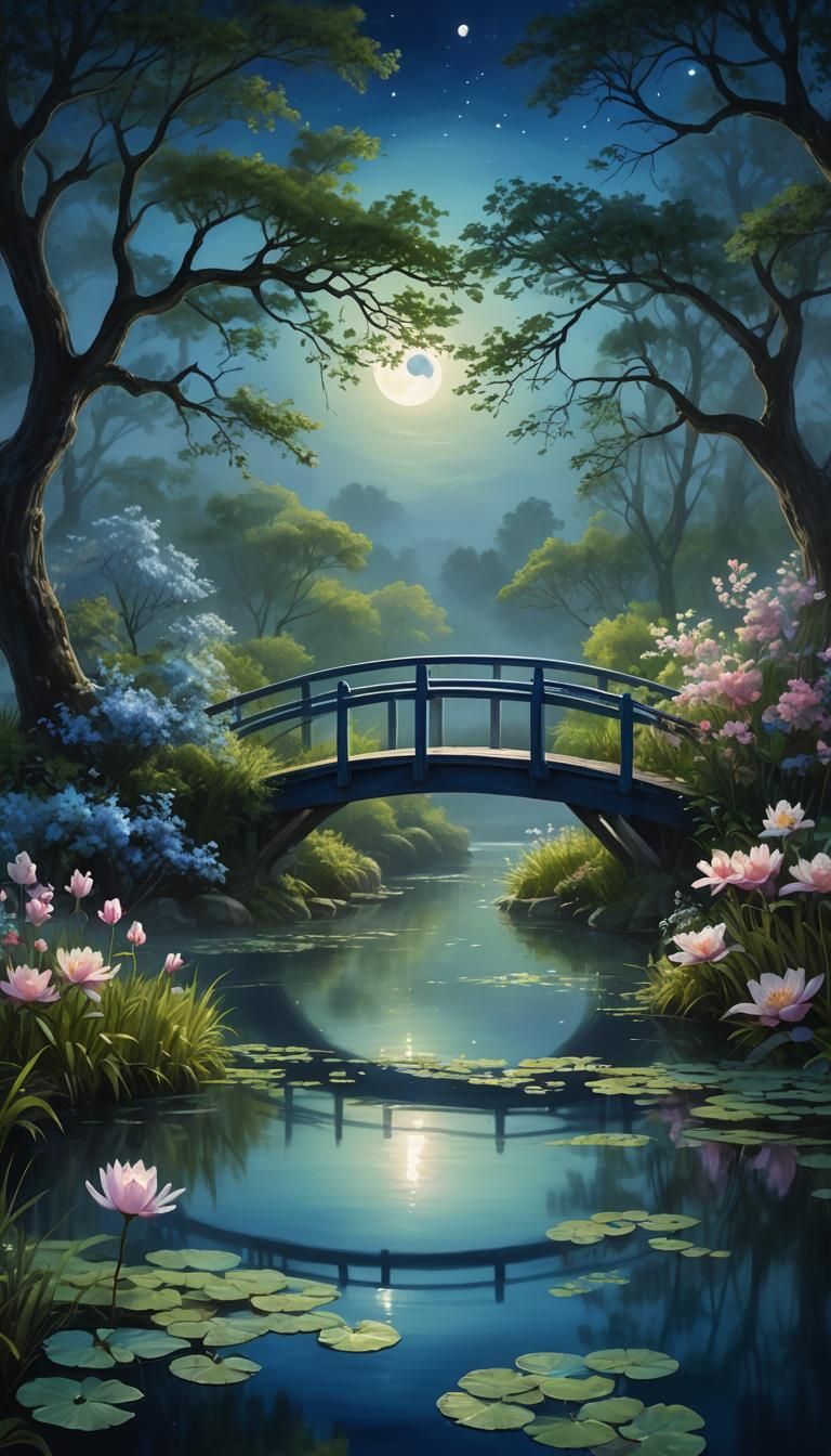 Ethereal Moonlit Garden with Blue Bridge