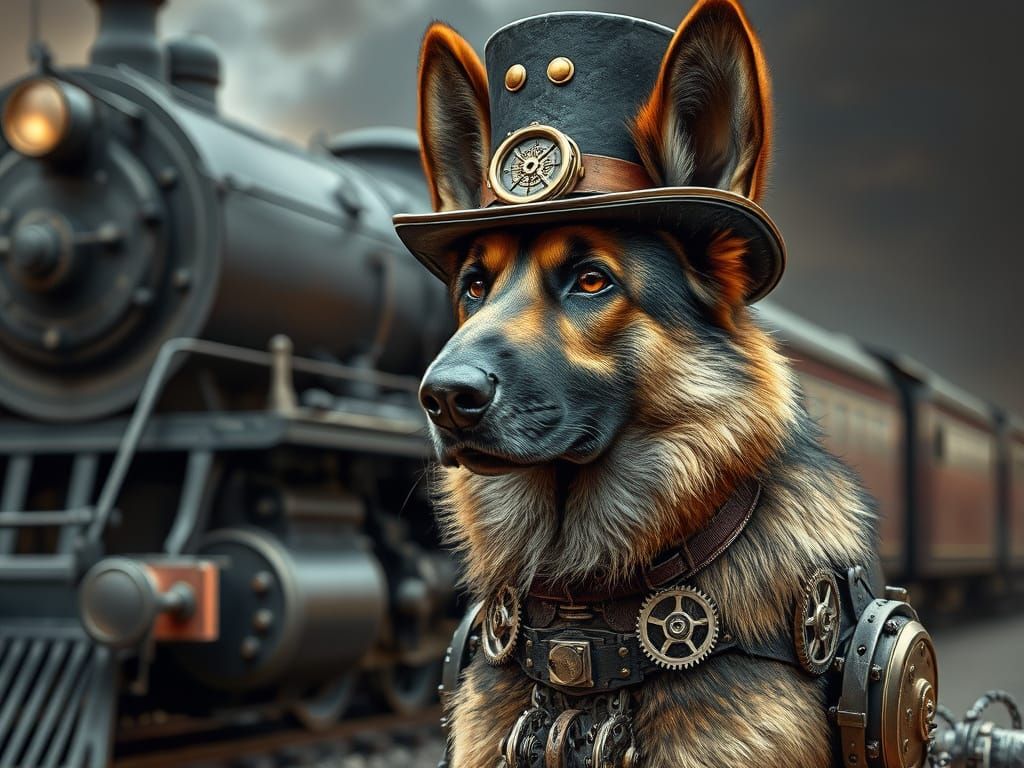 Steampunk Cybernetic German Shepherd Guarding a Train