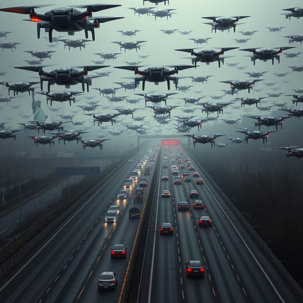 Drones Converge on Dystopian Turnpike Landscape