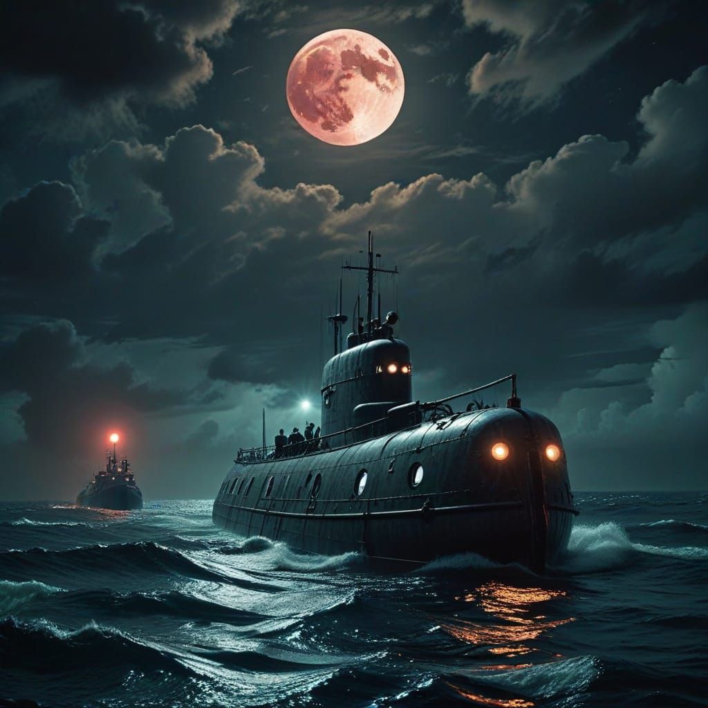 Ghost WW2 Submarine in Devil's Sea Under Blood Moon