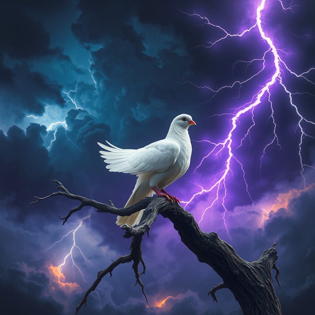 Vibrant Purple Lightning Illuminates Majestic Dove Amidst Tu...