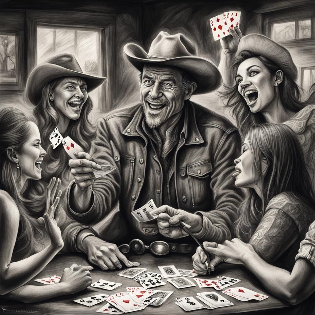 Hyperdetailed Charcoal Drawing of Cowboy Playing Cards