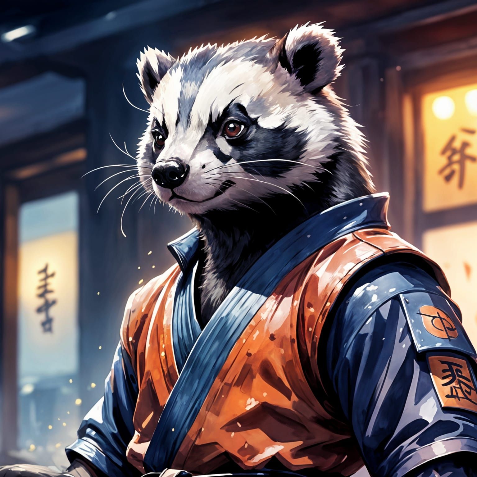 Anime Style Watercolor Badger in Martial Arts Attire