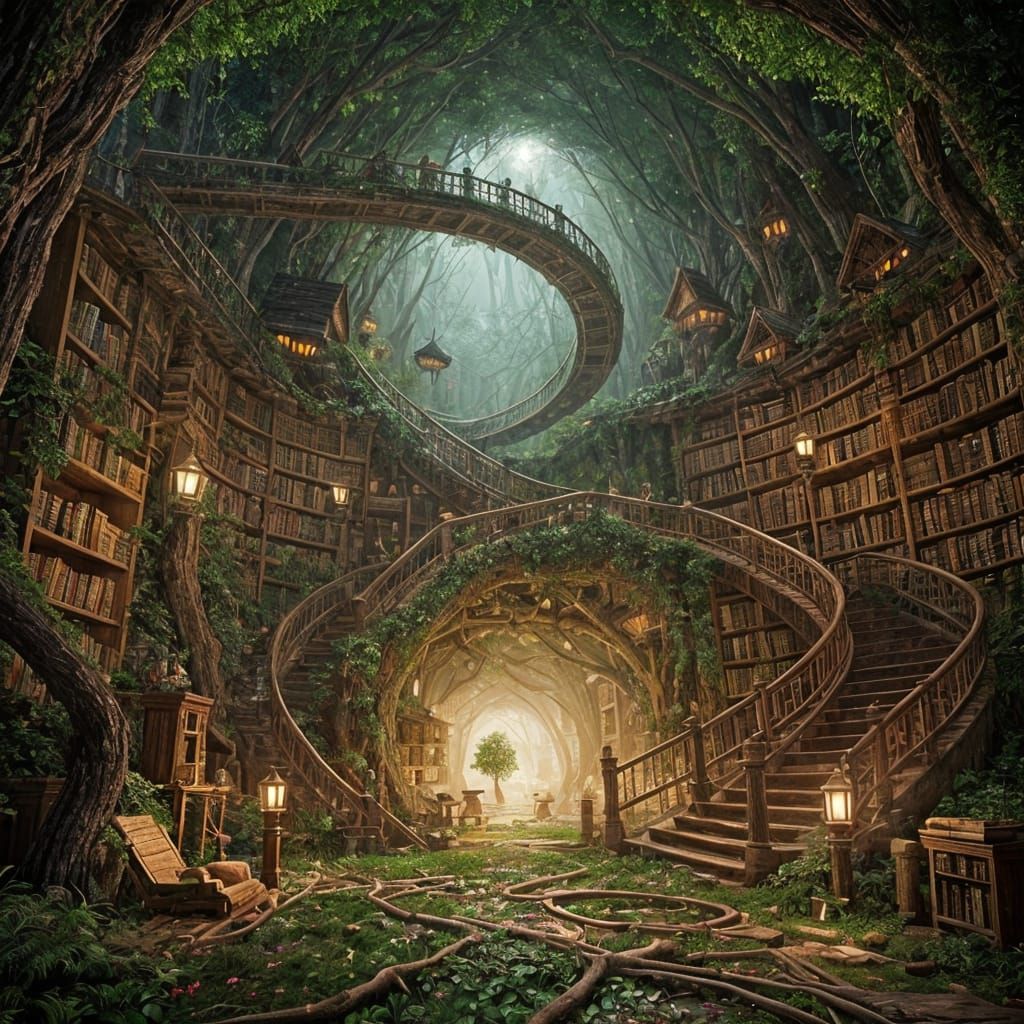 Enchanted Tree Library with Floating Books and Glowing Roots