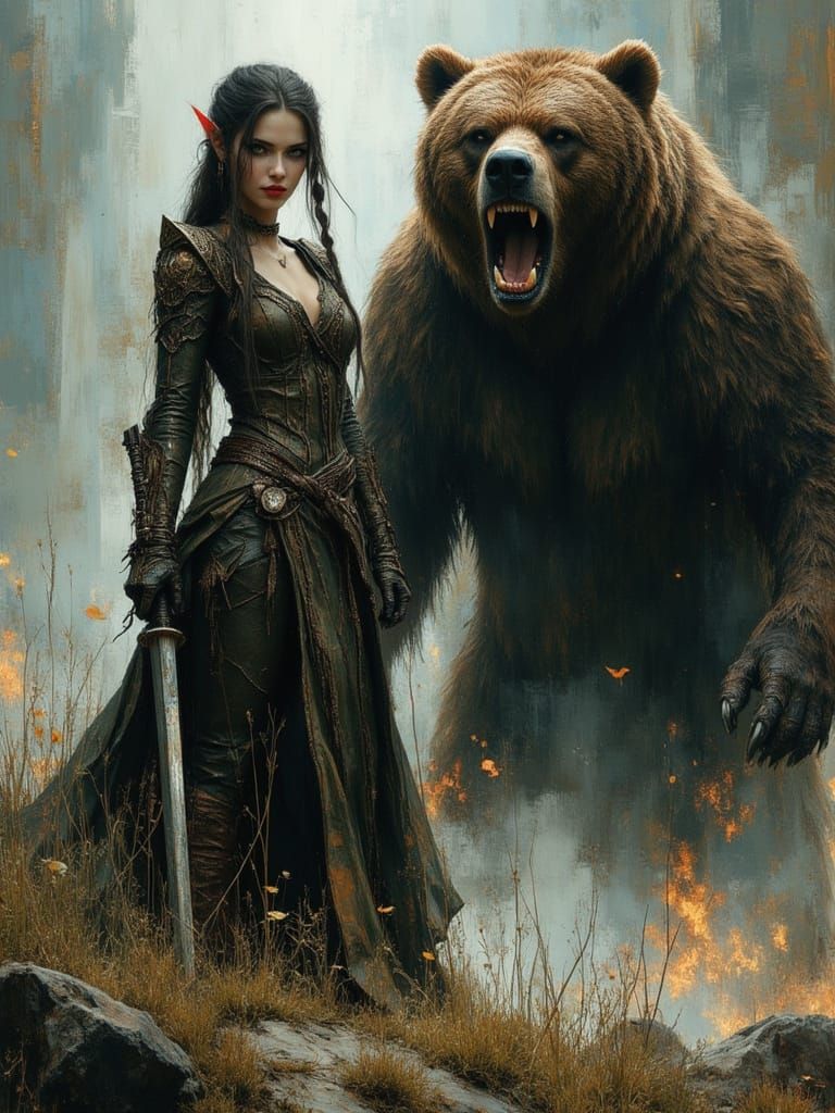 Warrior Elf and Bear in Dark Fantasy Landscape