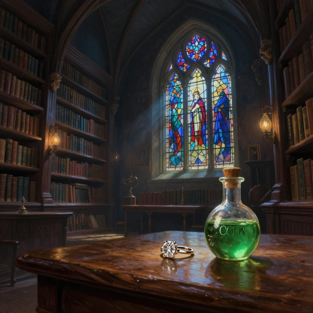 Magical Hogwarts Library with Ring and Potion