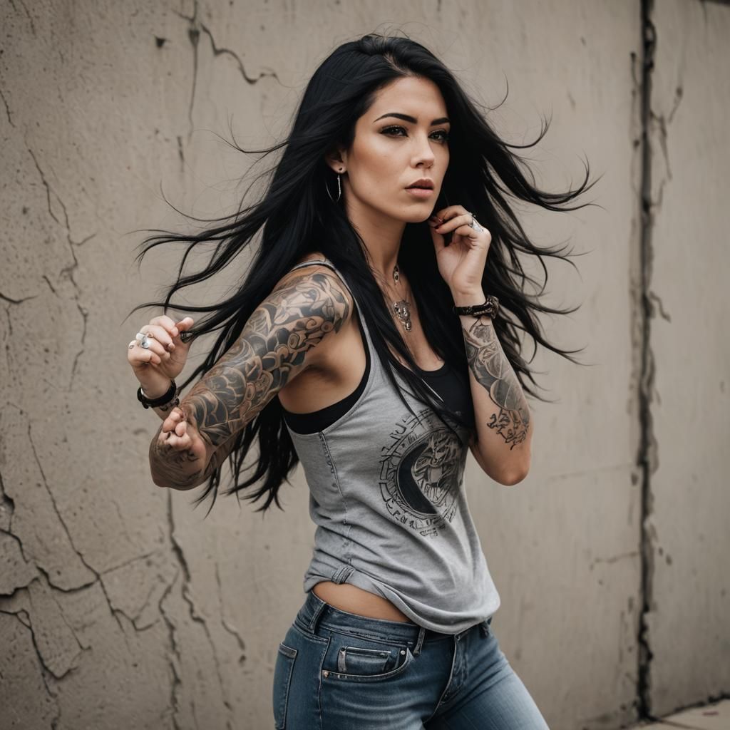 Tattooed Woman with Flowing Hair in the Wind