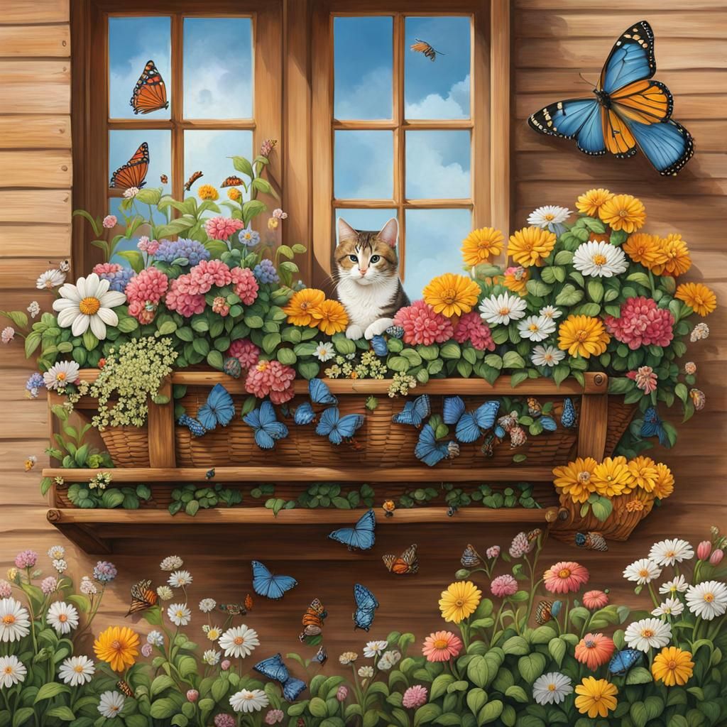 Idyllic Balcony Scene with Cat, Birds and Flowers
