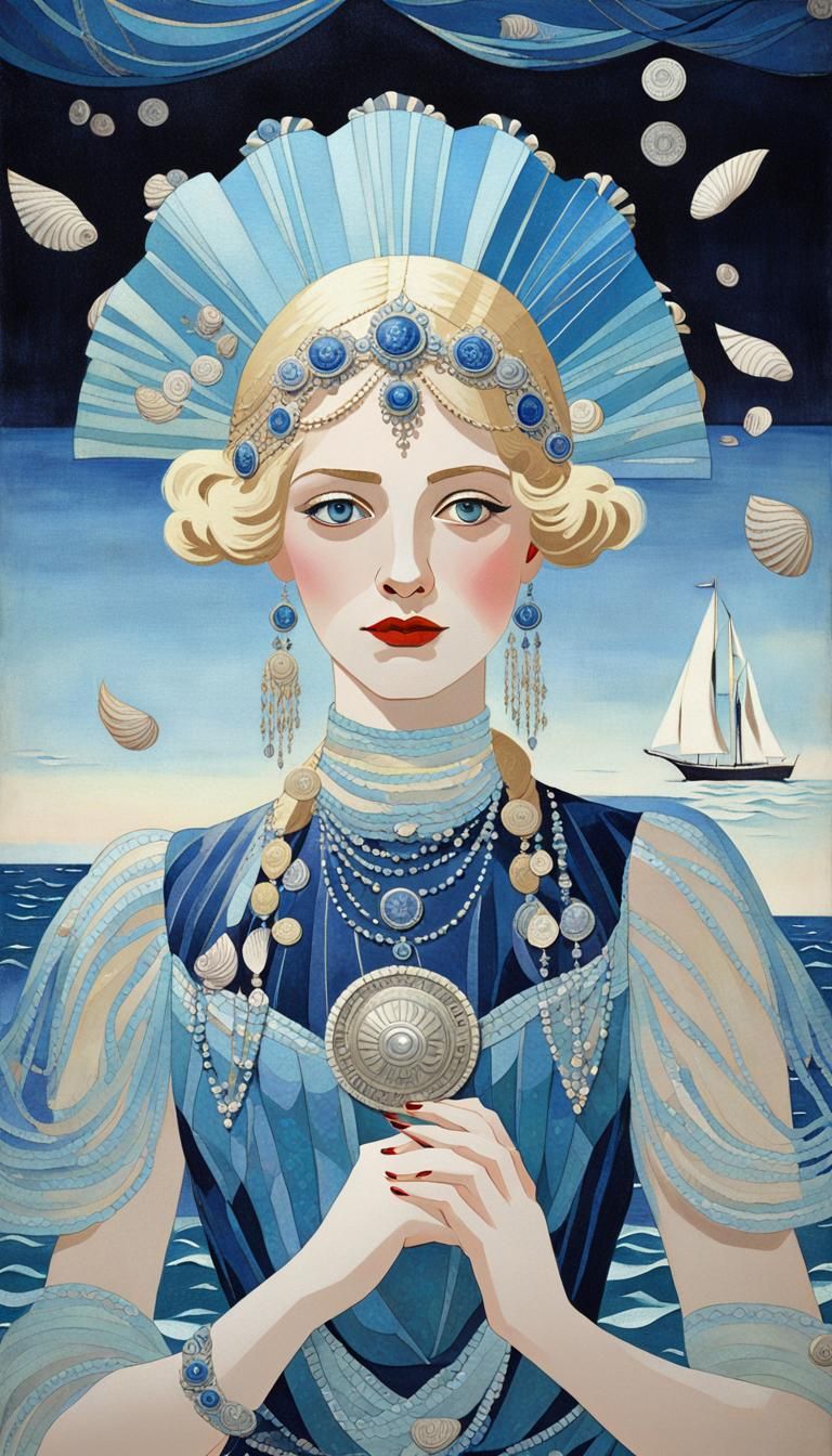 Art Deco Woman with Shell Headdress by the Sea