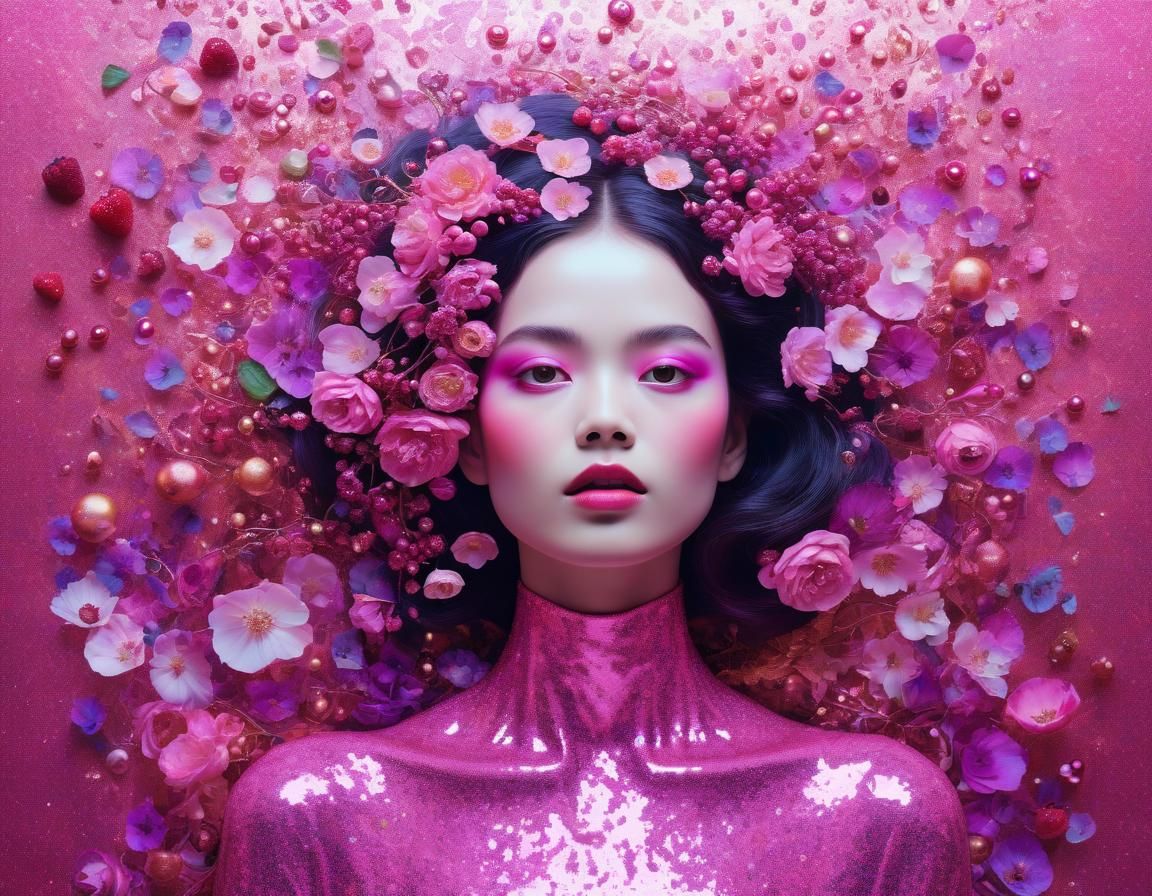 Ethereal Floral Art in Berry Pink, Klimt Style