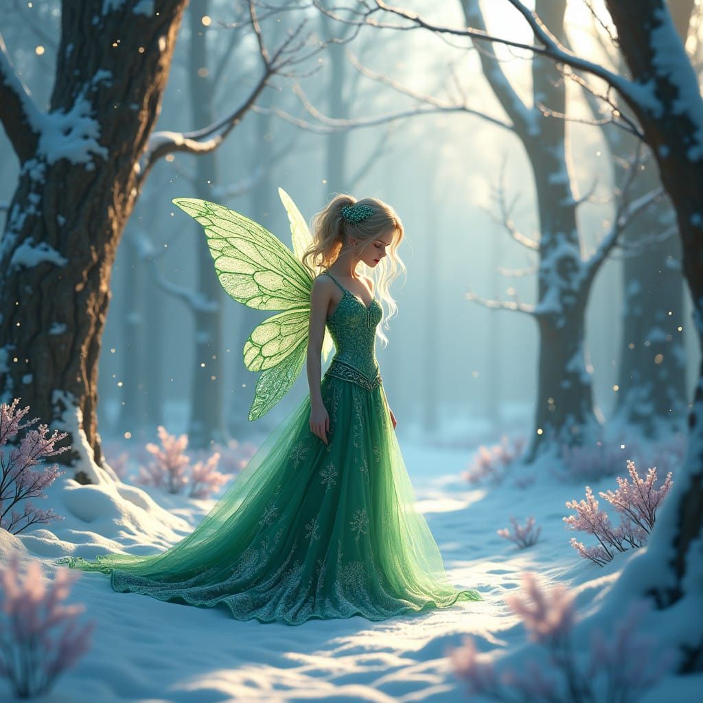 Whimsical Winter Fairy in Emerald Splendor
