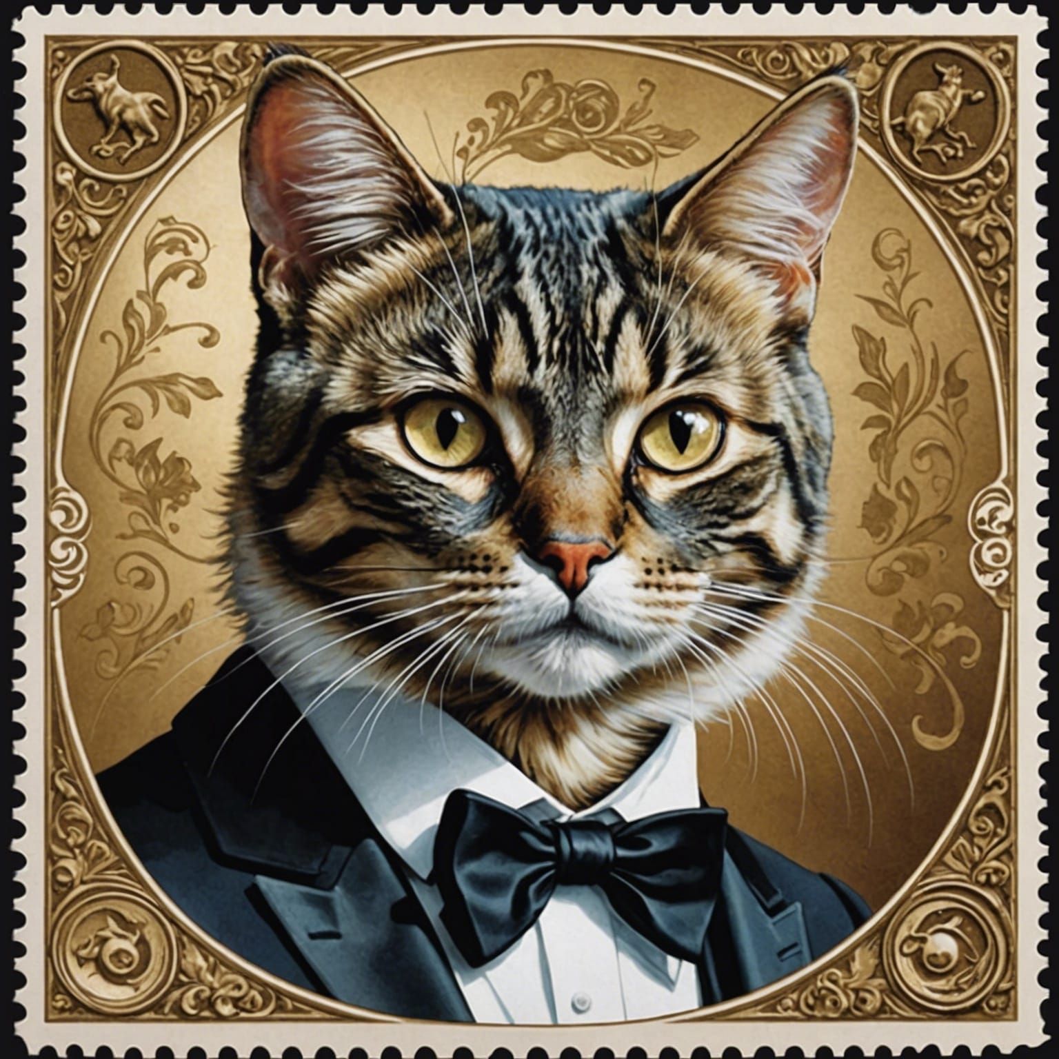 Elegant Tuxedo Cat on Vintage Sepia Postage Stamp