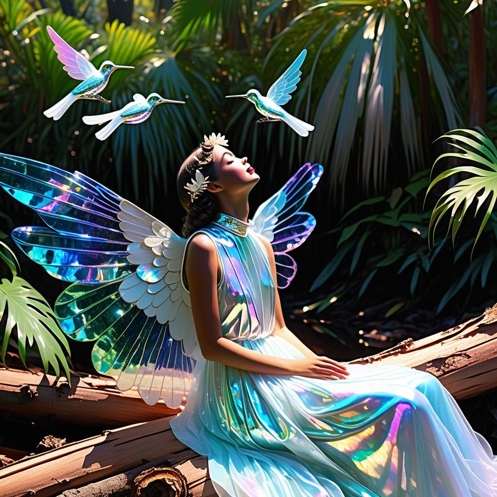 Hawaiian Vaporwave Angel Feeding Birds